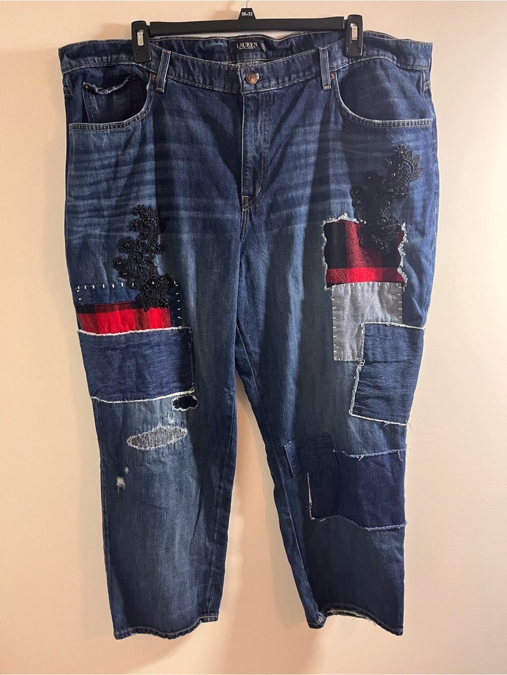 Ralph Lauren Dark Blue Patchwork Boyfriend Jeans with Red & Gray Accents
